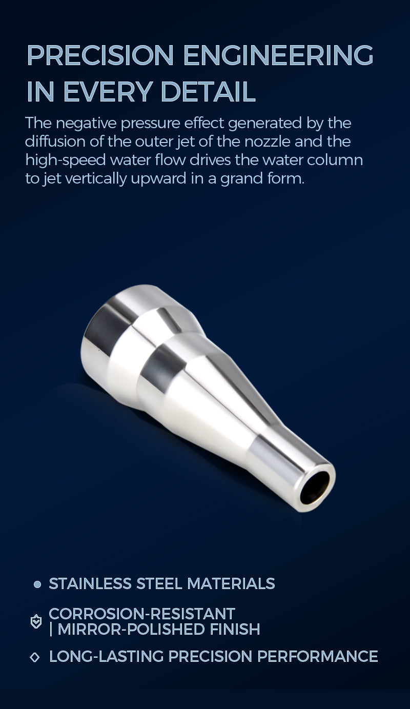 Stainless steel nozzle with text on precision engineering and material properties on a dark blue background      