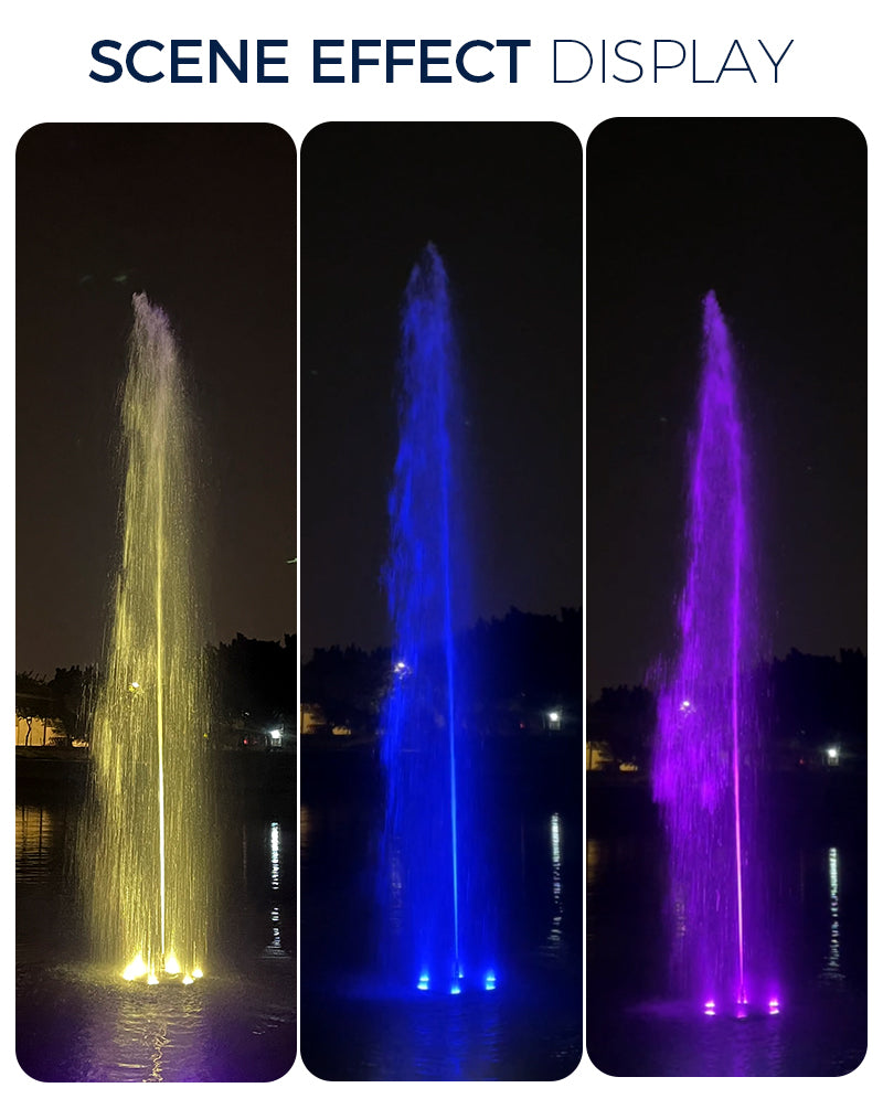 Three panels showing a fountain with yellow, blue, and purple lighting effects.    