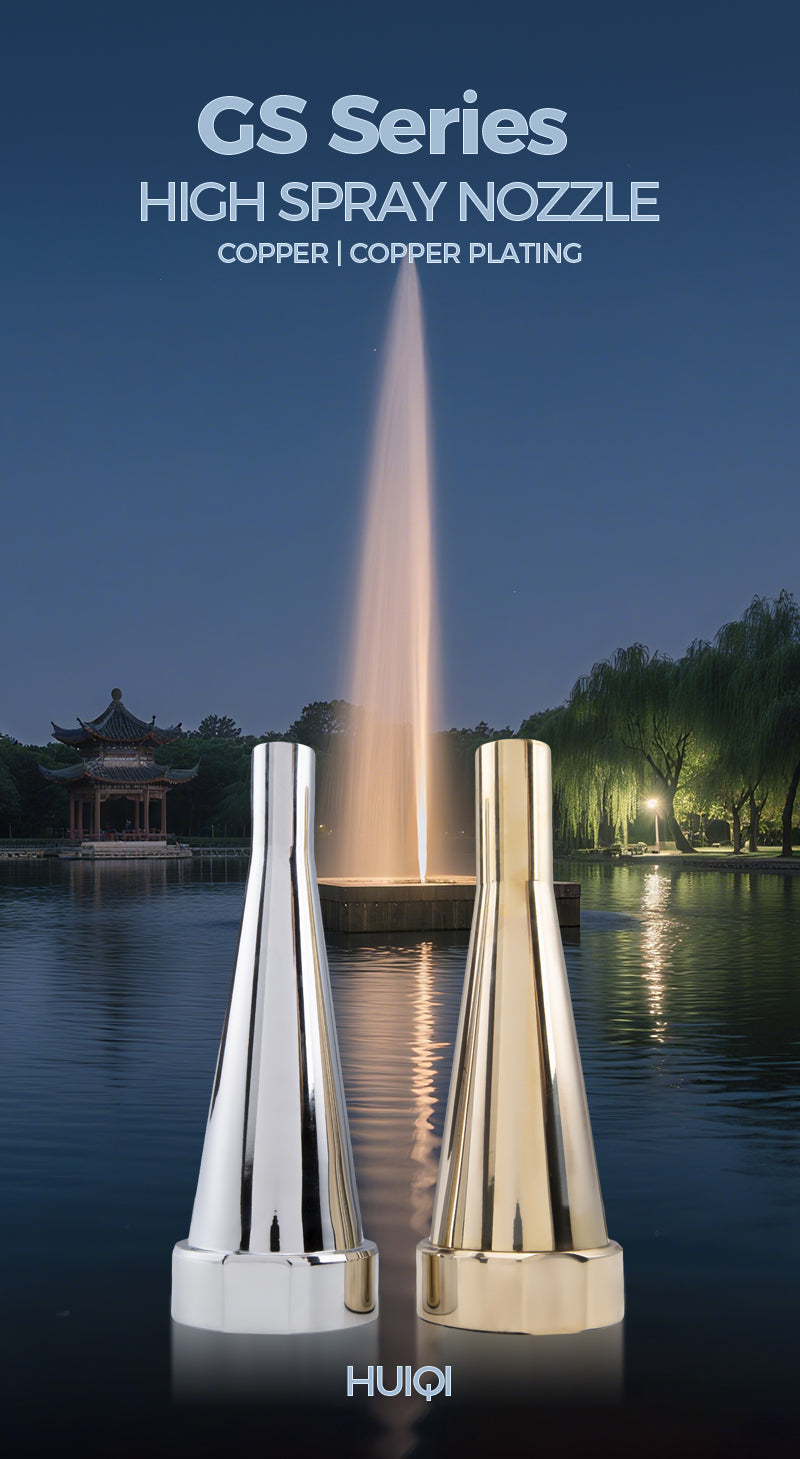 High spray nozzles with fountain in background, GS Series Copper/Copper Plating, HUIQI brand.