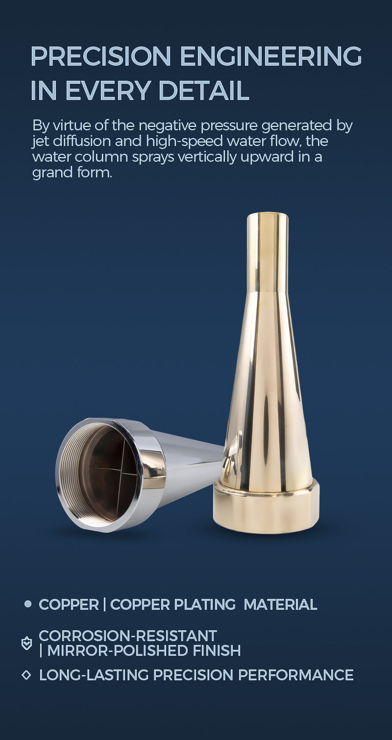 Copper and copper-plated water column nozzles on a blue background with text about their features.