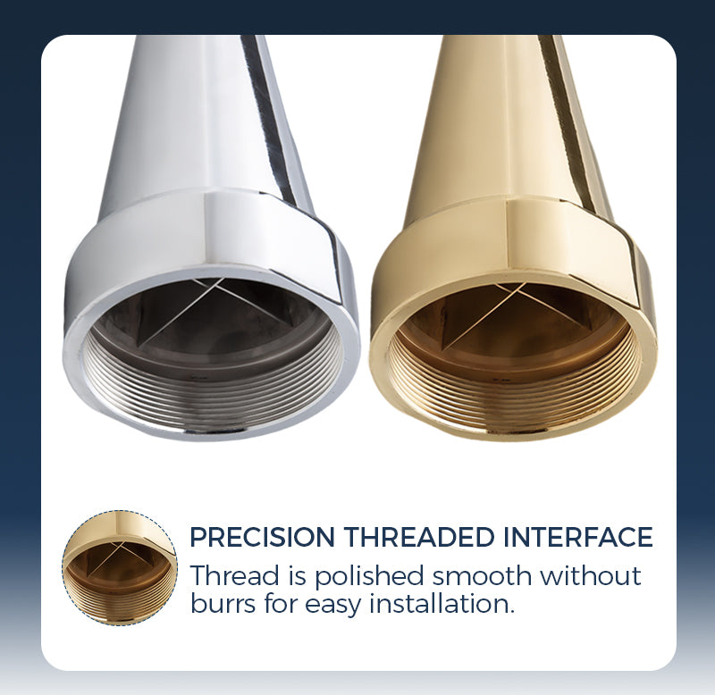 Two faucet nozzles, one silver and one gold, with a focus on their precision threaded interface.