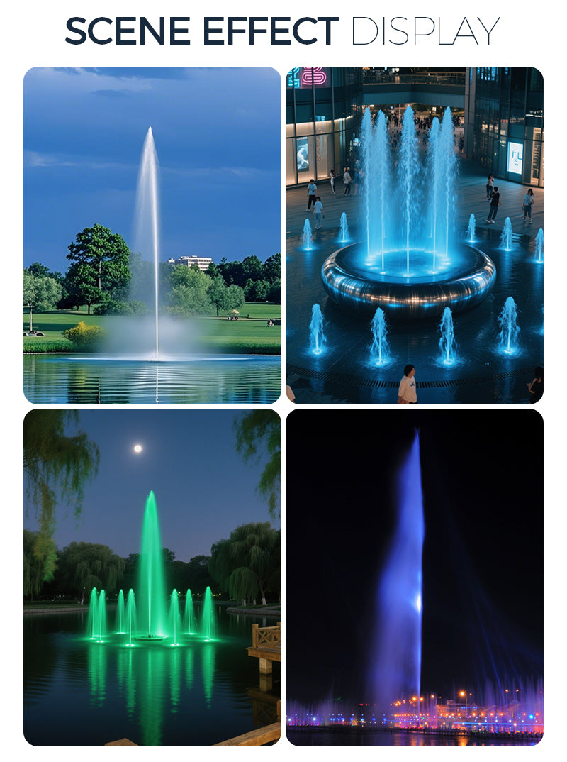 Collage of fountains in different settings with lighting effects.