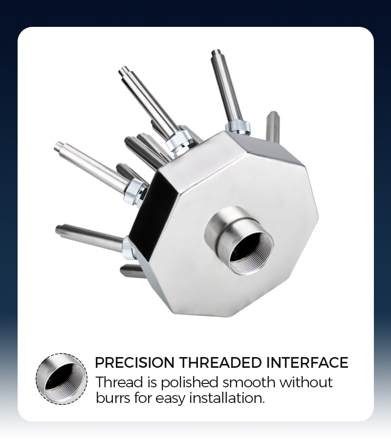 Metallic hexagonal tool with multiple arms on a white background
