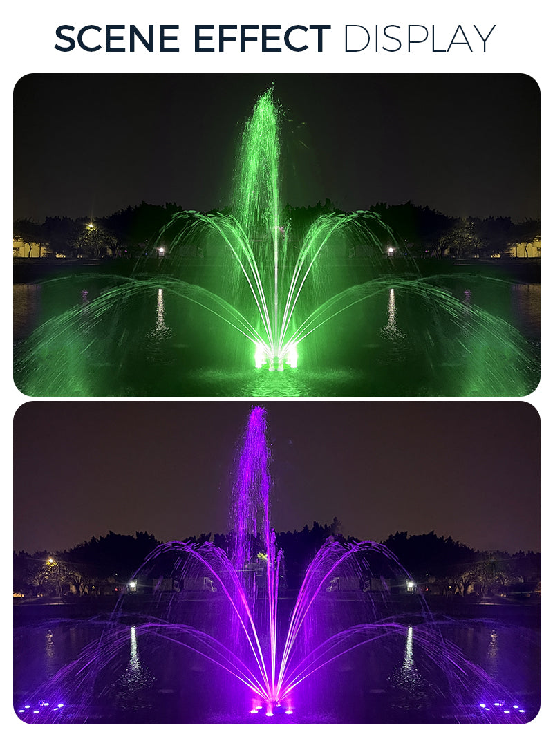 Two images of a fountain with green and purple lights at night.