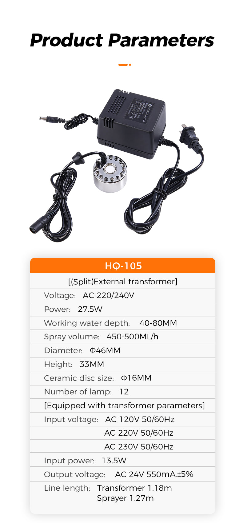 Product parameters of a transformer with specifications listed