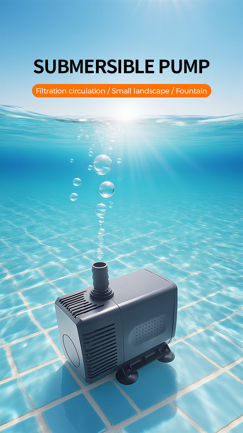 Submersible pump in clear water with bubbles, labeled for filtration circulation and small landscape use.