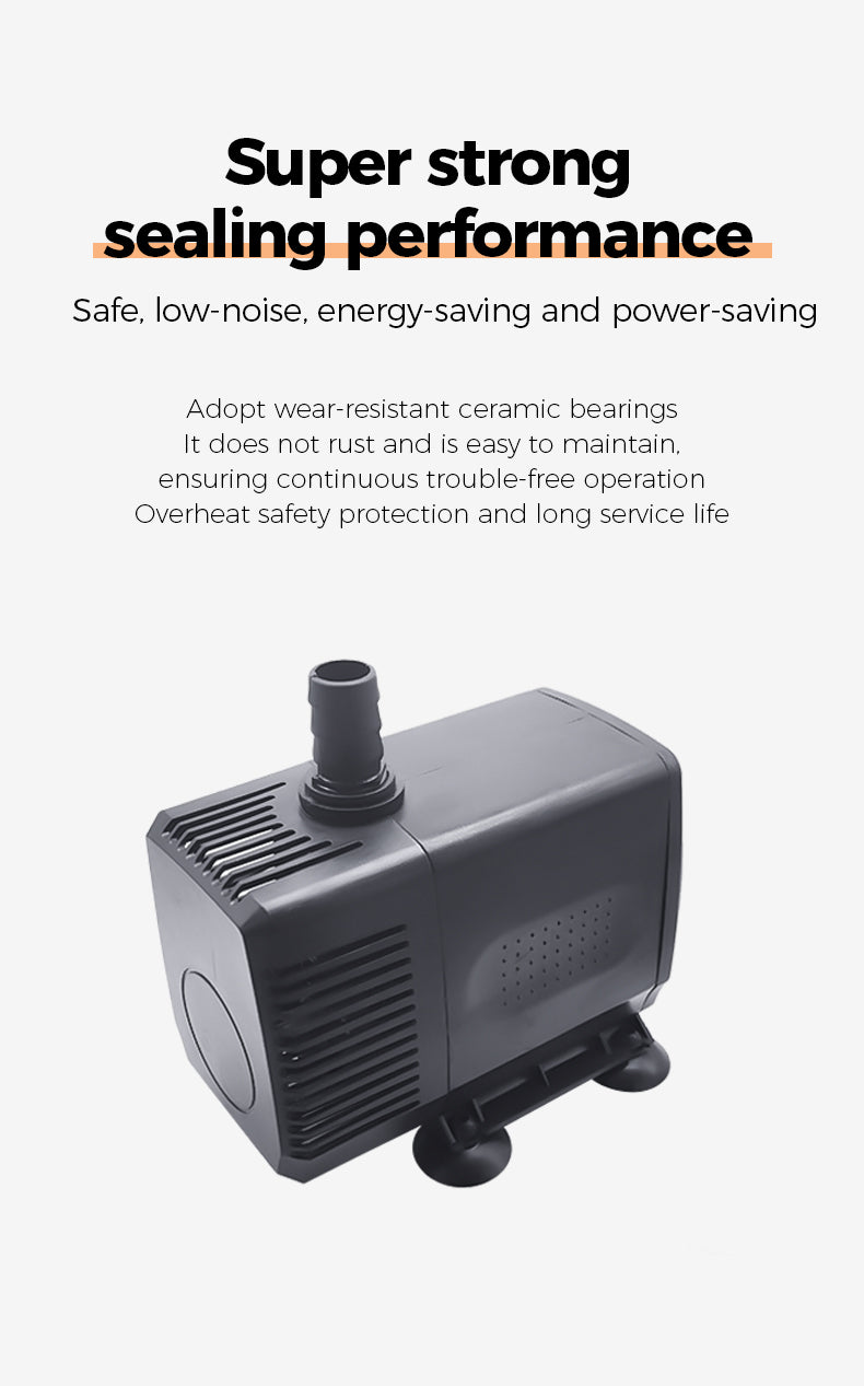 Pump with text highlighting super strong sealing performance, safety features, and energy-saving benefits on a white background.