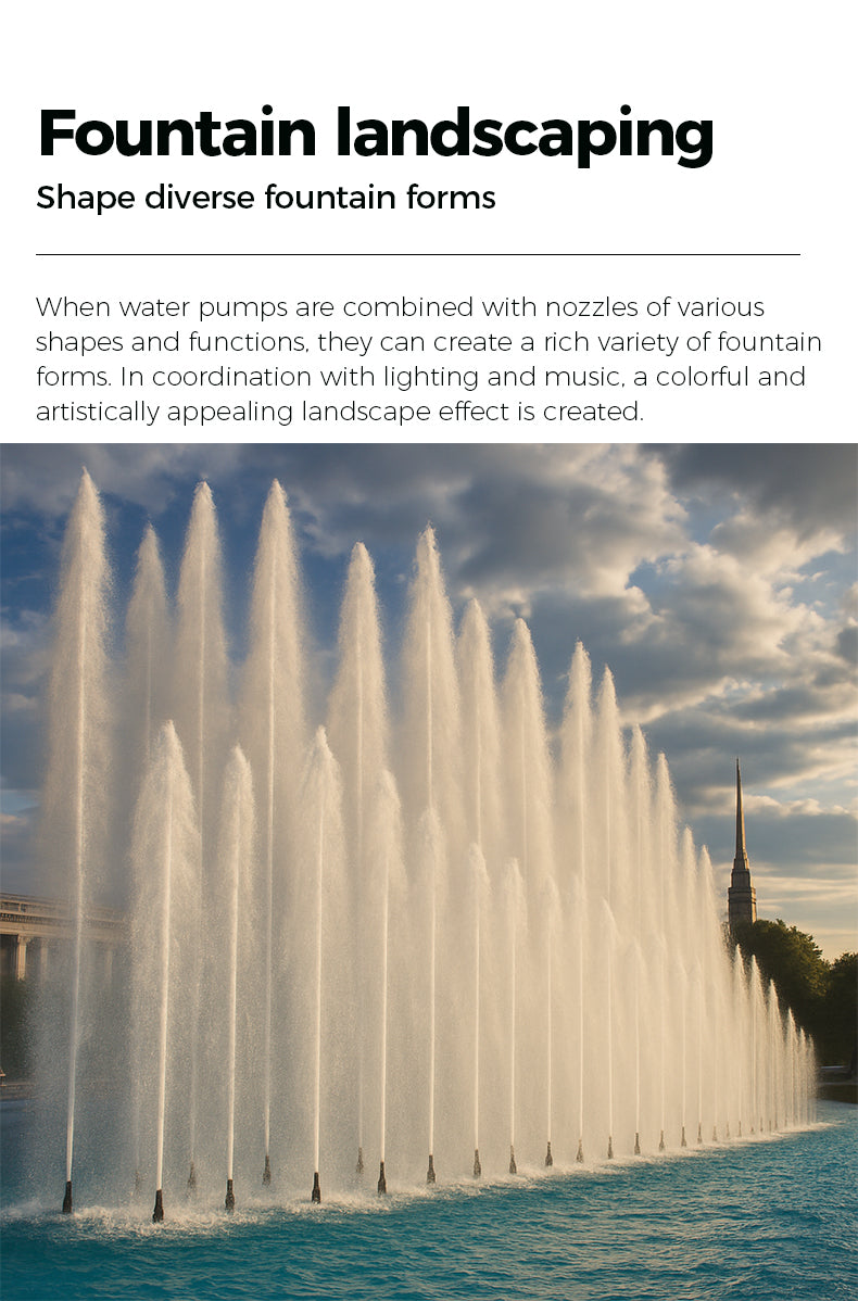Fountain with water jets against a cloudy sky, text about fountain landscaping.