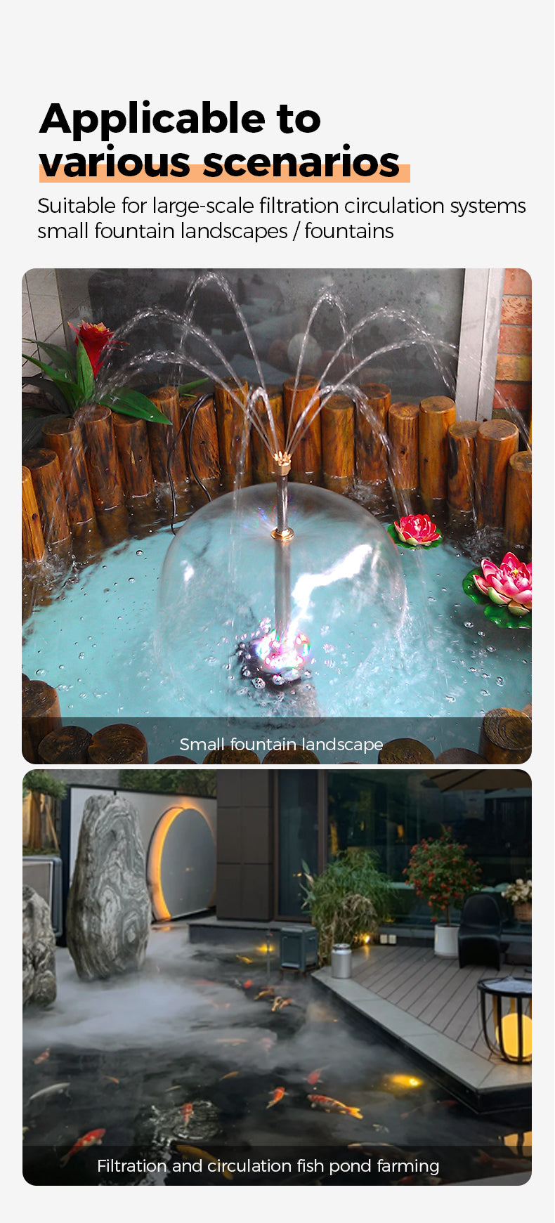 Fountain system suitable for large-scale filtration circulation systems and small pond landscapes.