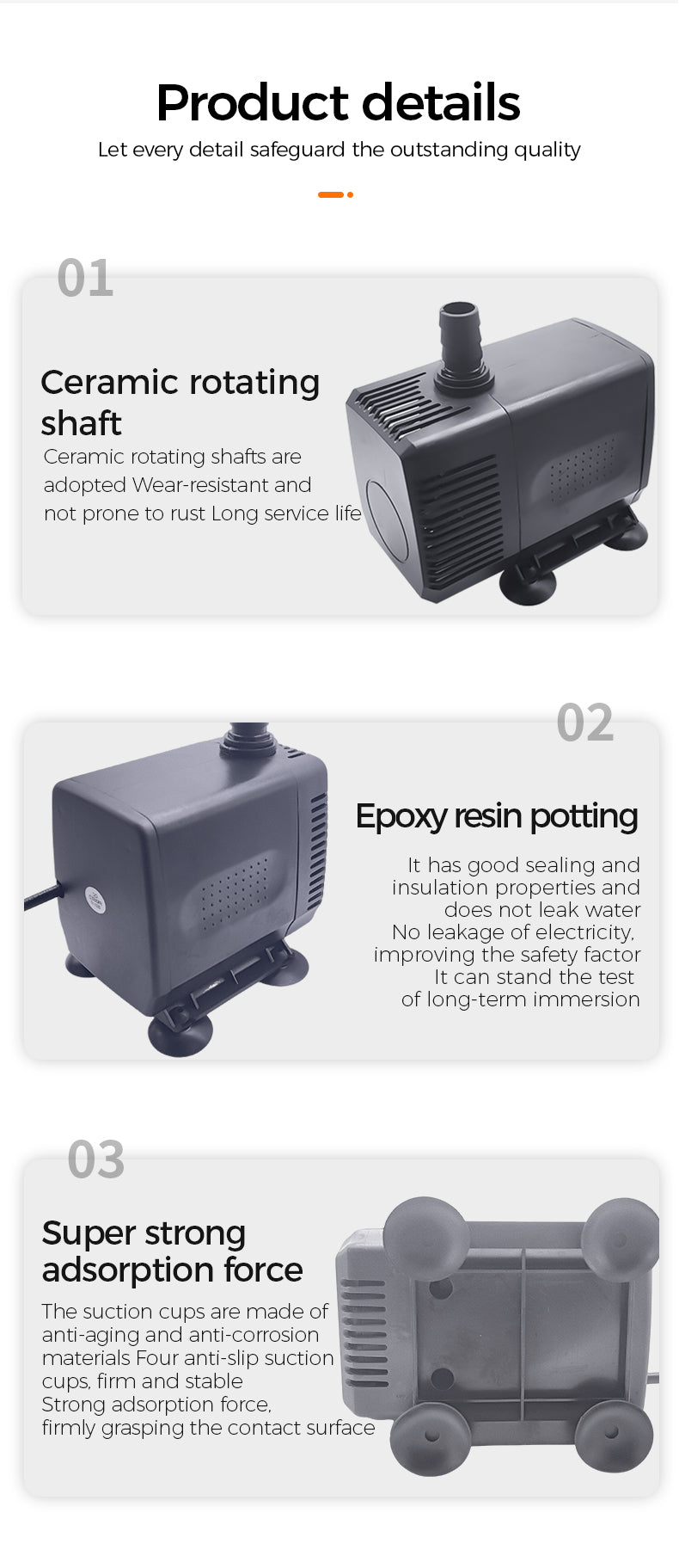 Product details of a pump with features highlighted on a white background