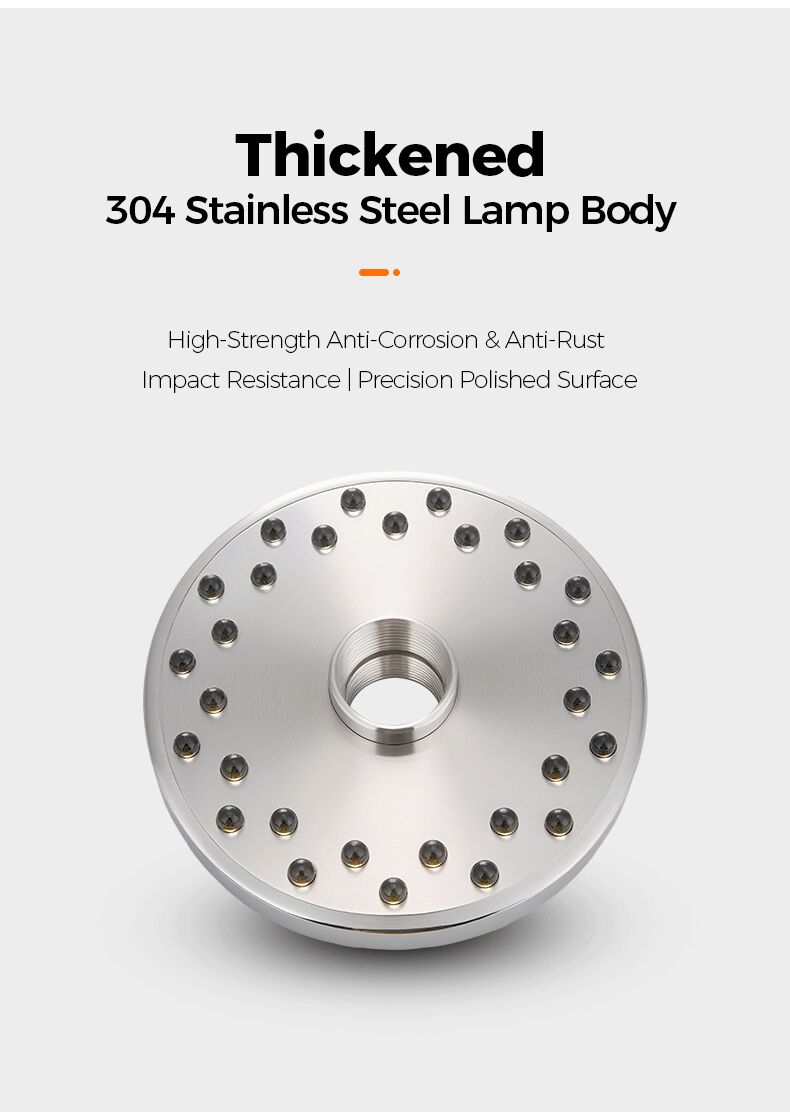 Thickened 304 Stainless Steel Lamp Body on a white background with text about its properties.