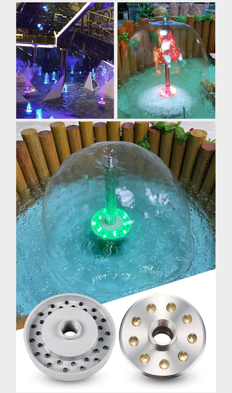 Fountain with LED light and two metal components on a white background