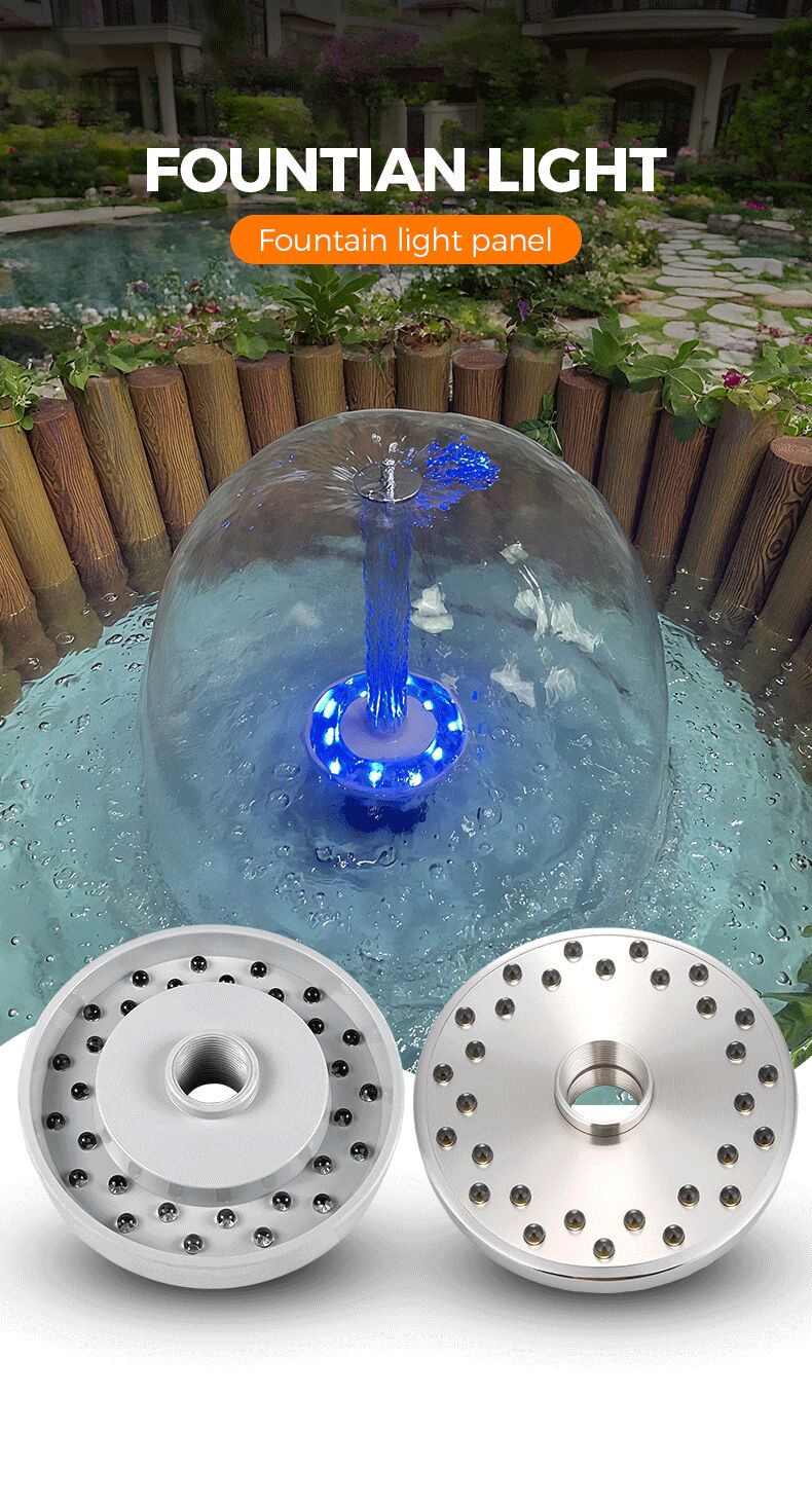 Fountain light panel with blue LED light and two metal diffusers on a white background.