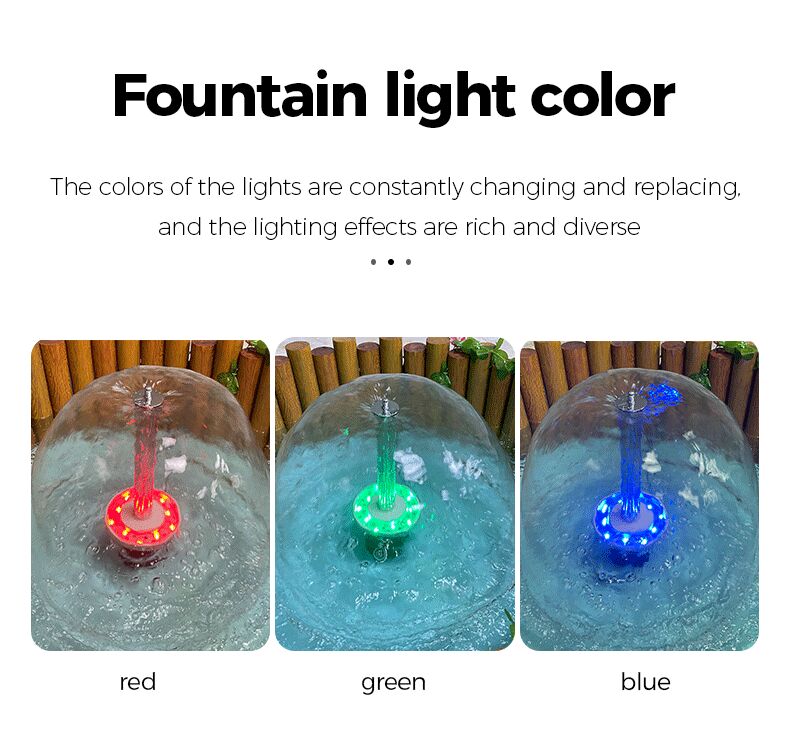 Fountain light color changing demonstration with red, green, and blue lights.