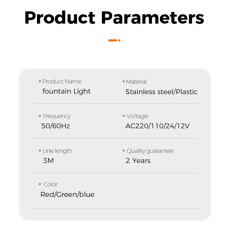 Product parameters of a fountain light on a white background