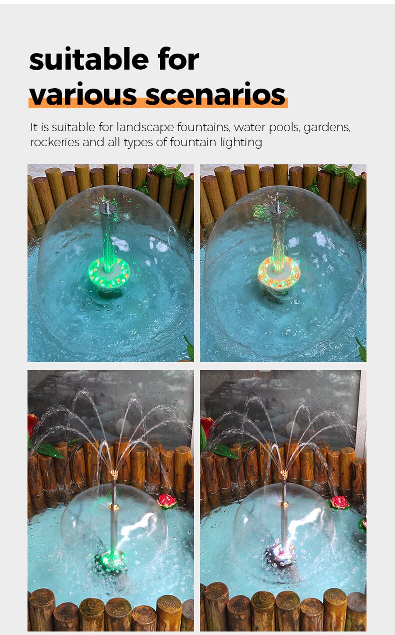Fountain lighting device in use with water features and bamboo fencing.
