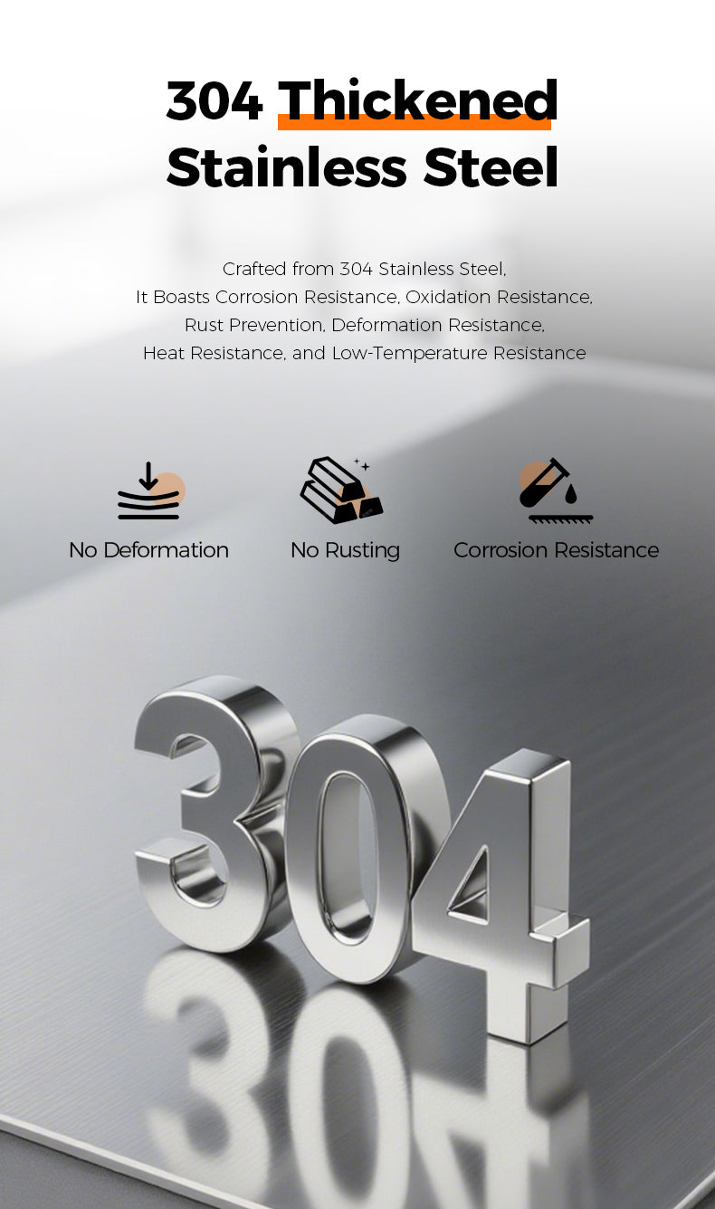Advertisement for 304 thickened stainless steel with metallic '304' text on a reflective surface.