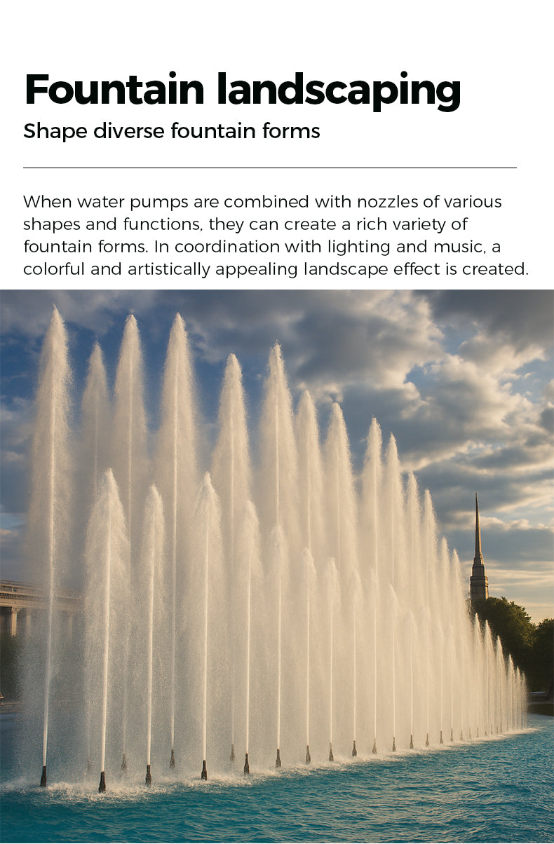 Fountain with water jets against a cloudy sky, text about fountain landscaping.