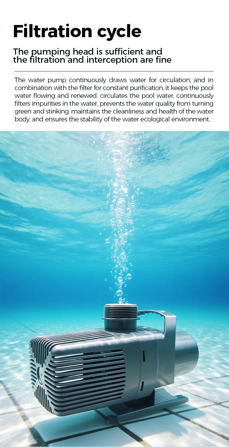 Pump in a pool with water filtration text overlay
