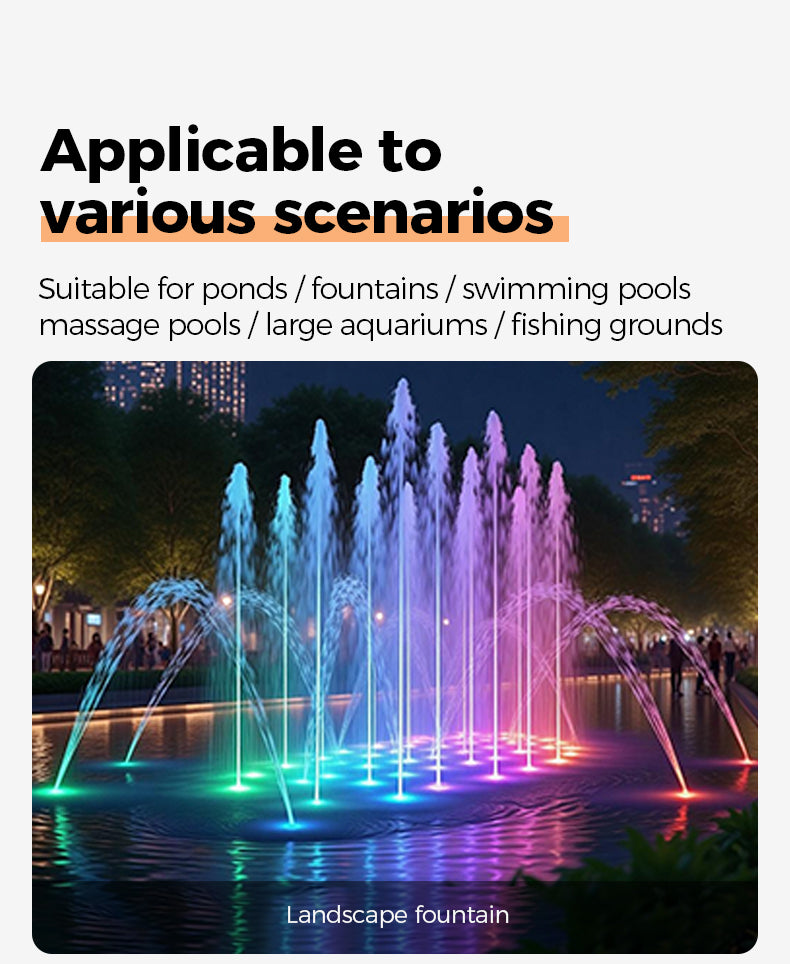 Landscape fountain with colorful lights at night, suitable for various water features.