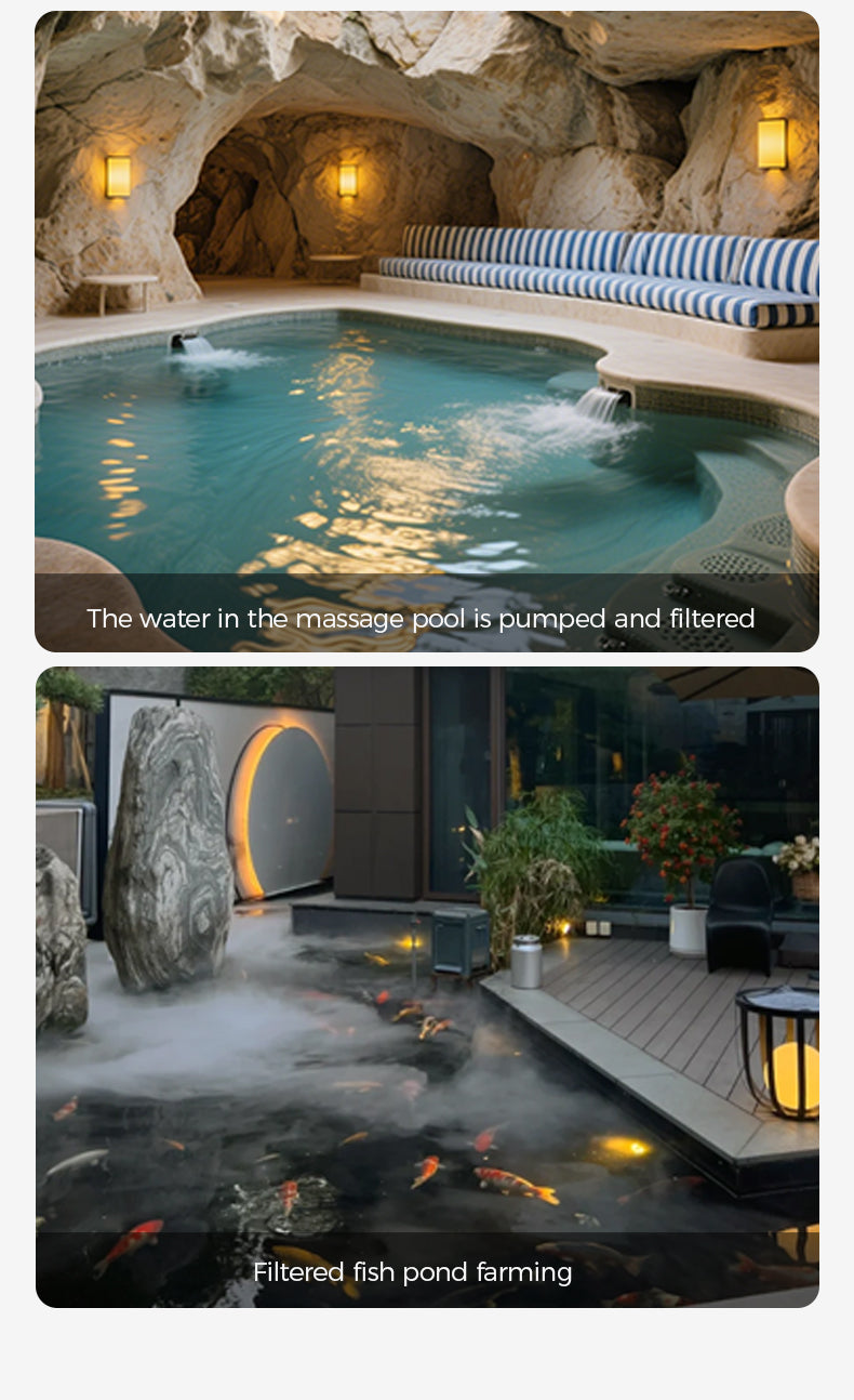 Indoor pool with stone walls and outdoor fish pond with plants