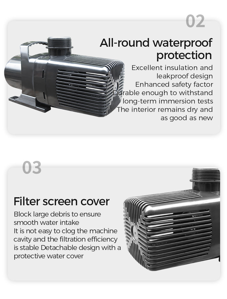 Water pump with text describing all-round waterproof protection and filter screen cover features.