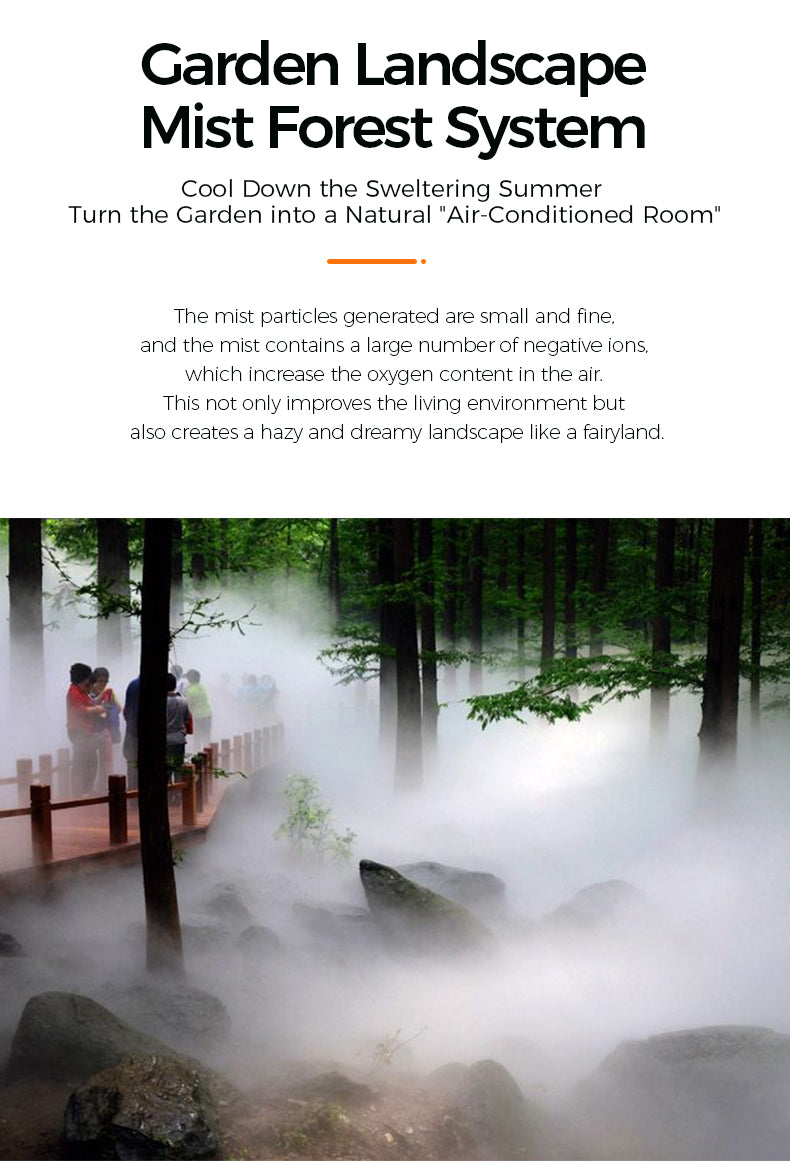 Garden landscape with mist and people walking, promoting a 'Garden Landscape Mist Forest System'.