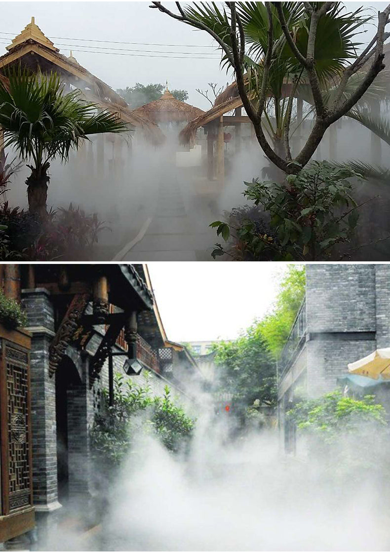 Two images showing a misty pathway with traditional architecture and greenery.