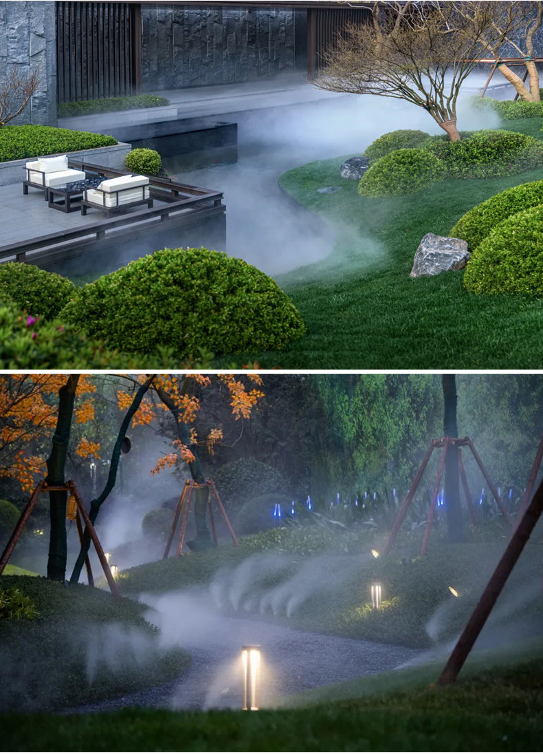 Two views of a garden with mist and lighting effects, one during the day and one at night.