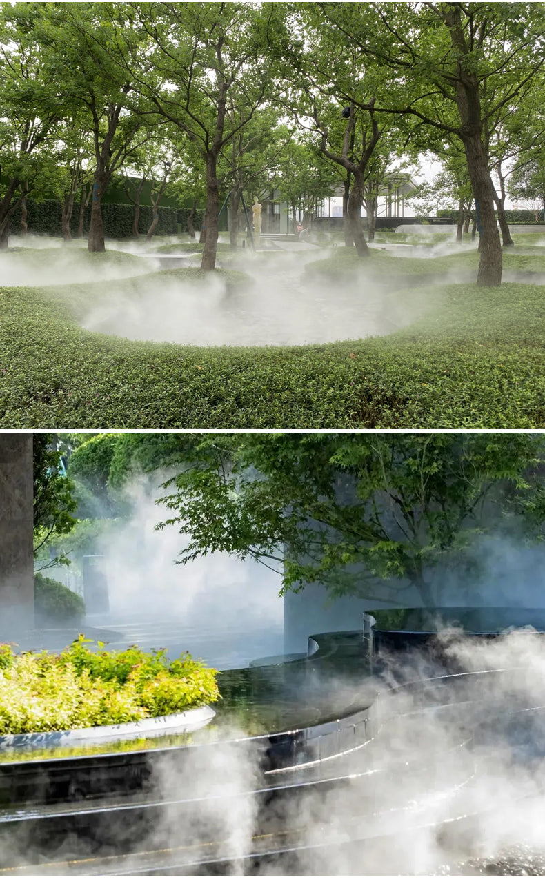 Two images showing mist rising from a garden with trees and shrubs.