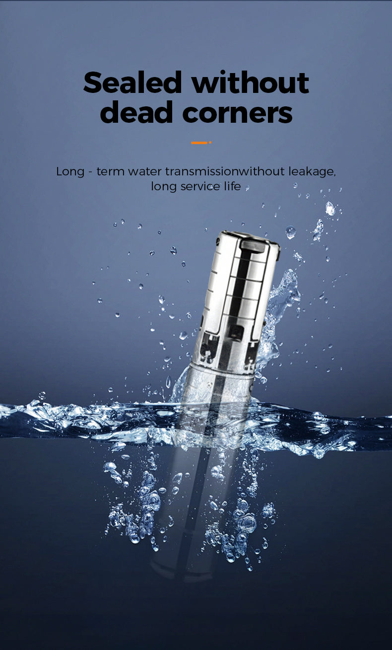 Metallic valve submerged in water with text about sealed design and long-term water transmission.