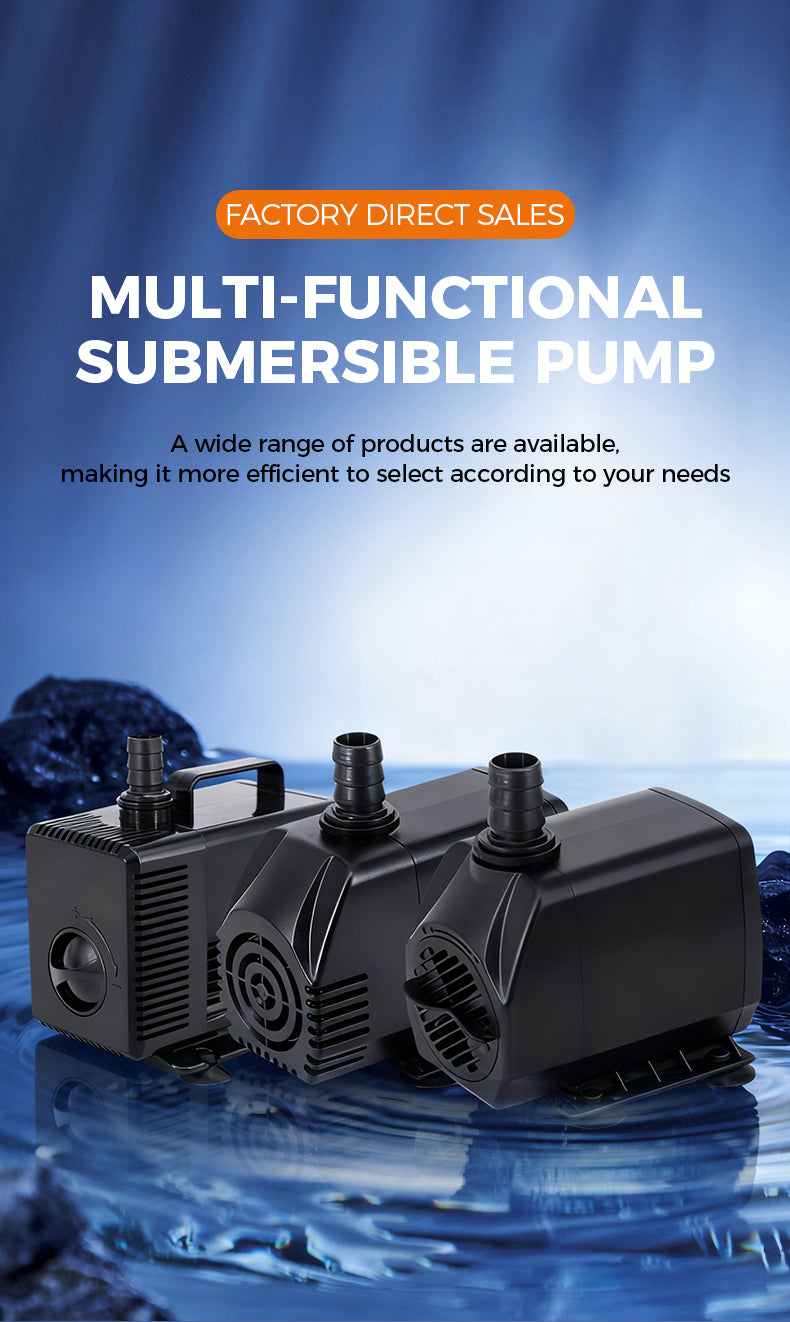 Multi-functional submersible pump with water in the background, featuring text about factory direct sales.