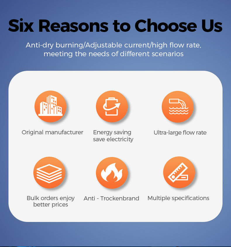 Six reasons to choose a product or service, each with an icon and brief description on a blue background.