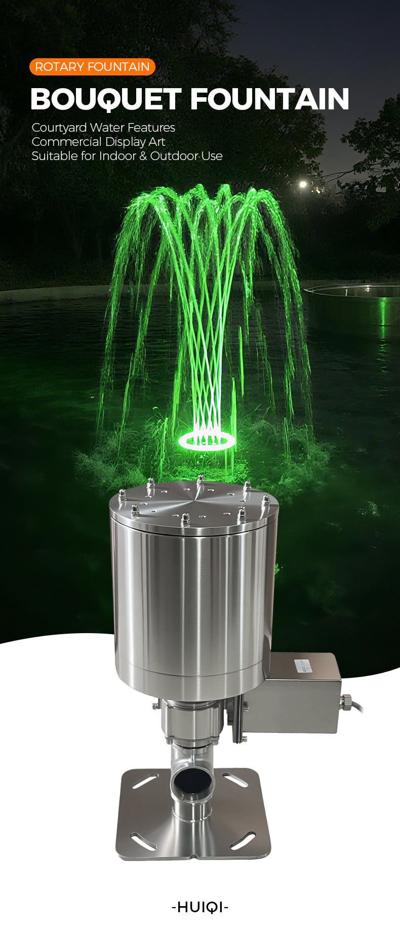 Bouquet fountain with green water feature against a dark background