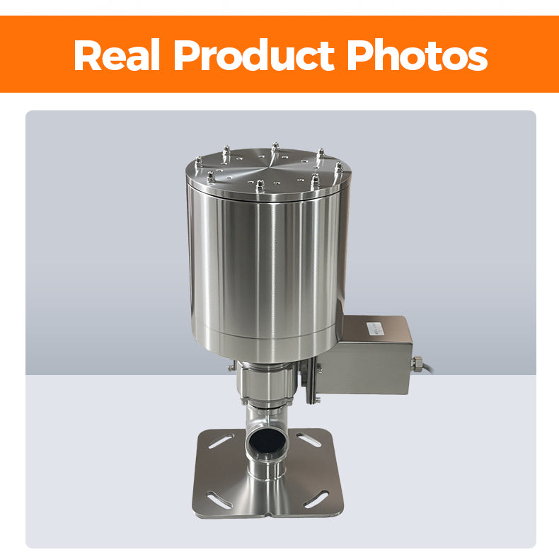 Stainless steel cylindrical device on a gray background with 'Real Product Photos' text at the top.