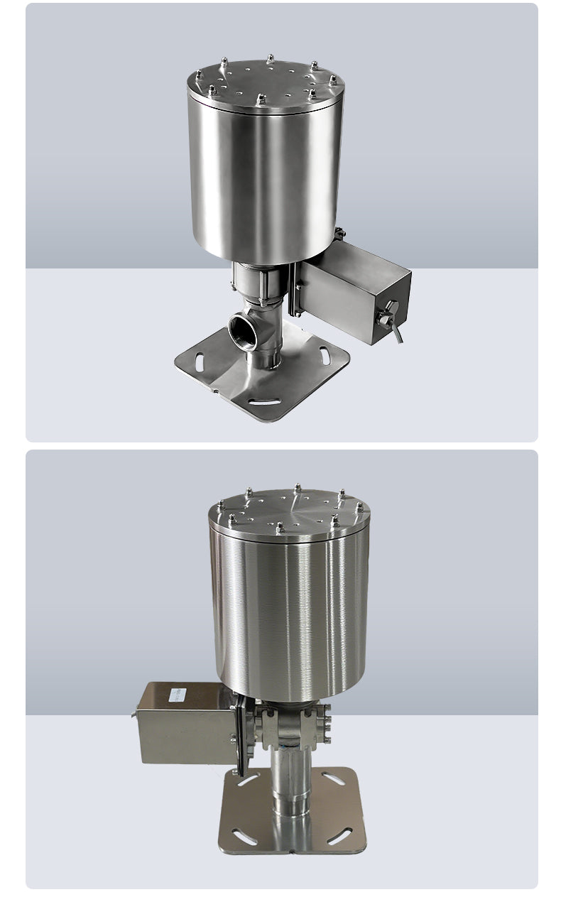 Two views of a metallic cylindrical device on a gray background
