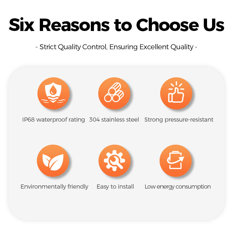 Six icons with text explaining reasons to choose a product or service, on a white background.