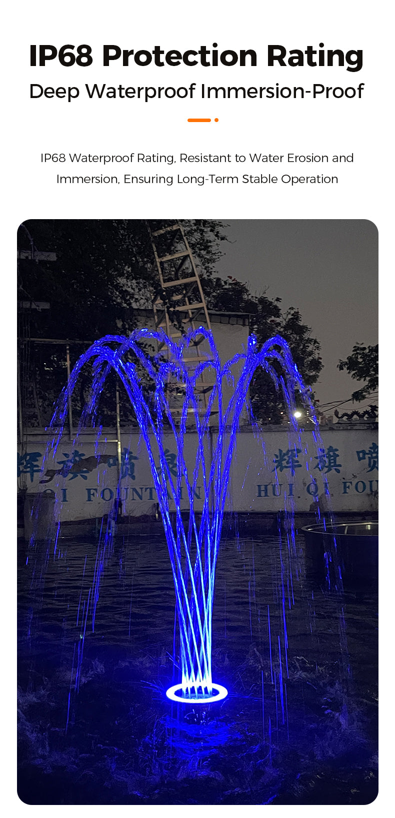 Blue LED fountain with IP68 protection rating text above it