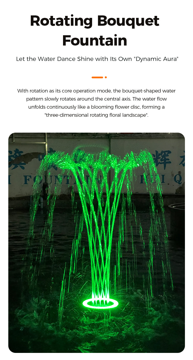 Rotating bouquet fountain with green water display and text description on a white background