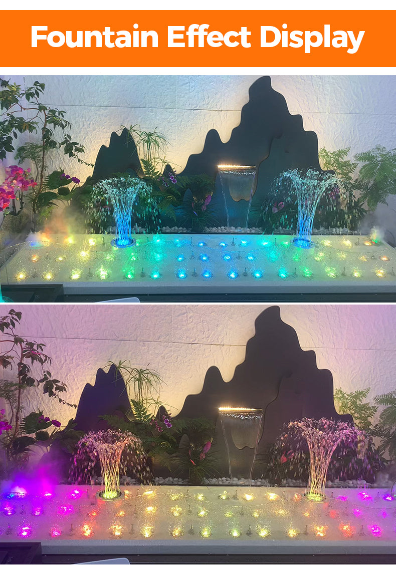 Fountain effect display with colorful lights and water features.