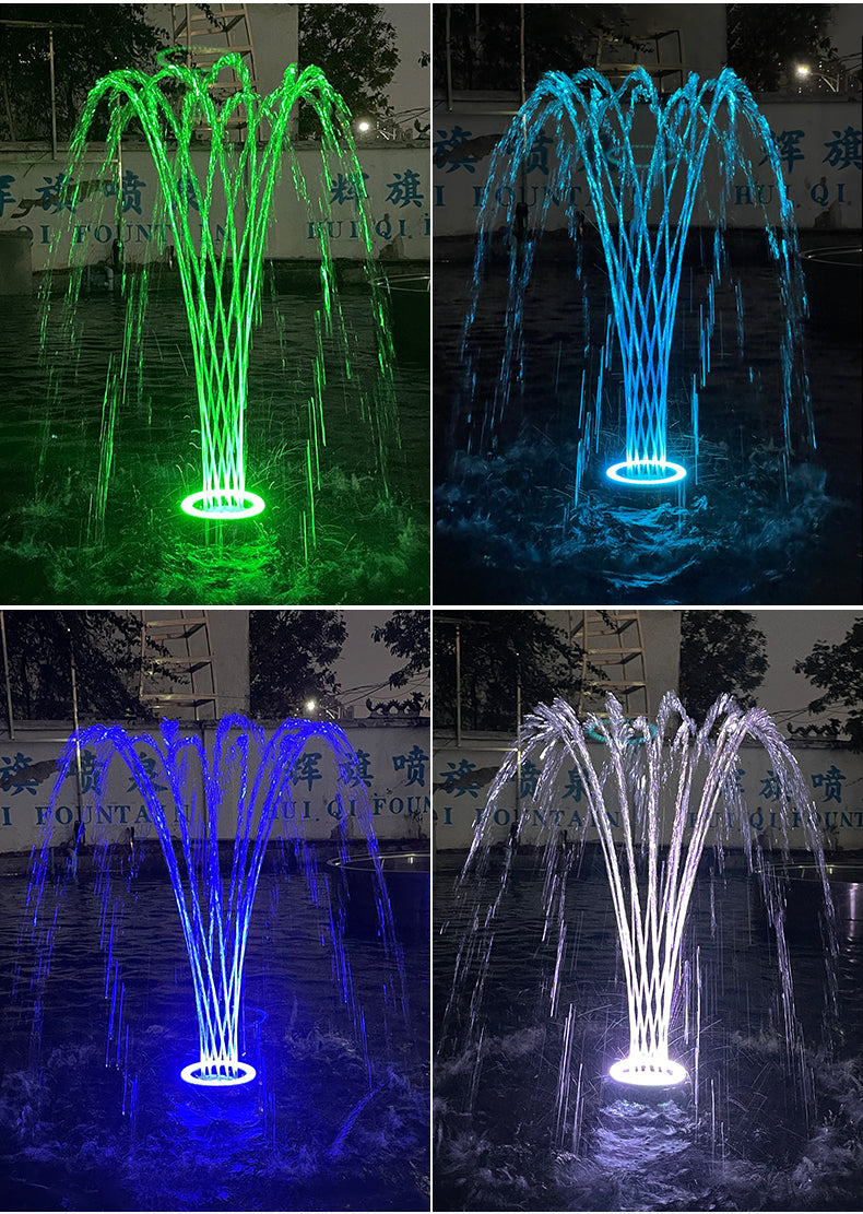 Four views of a fountain with changing colors in a collage.