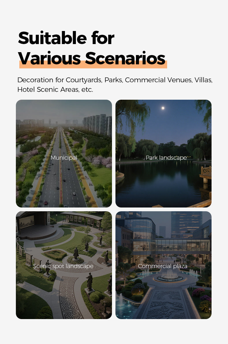 Promotional graphic for outdoor landscape decoration suitable for various settings.