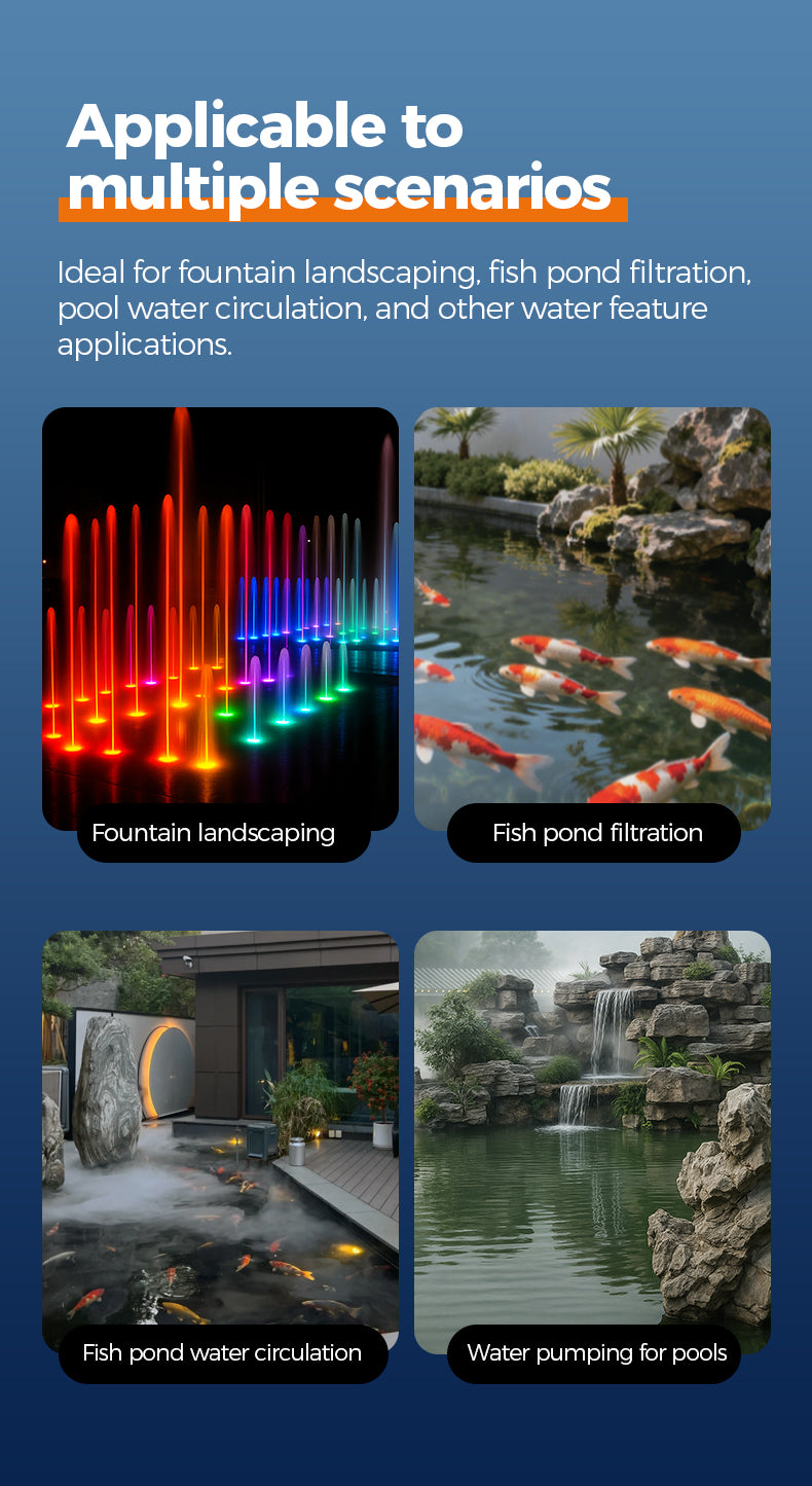 Product advertisement for water feature applications with images of fountains, ponds, and pools.