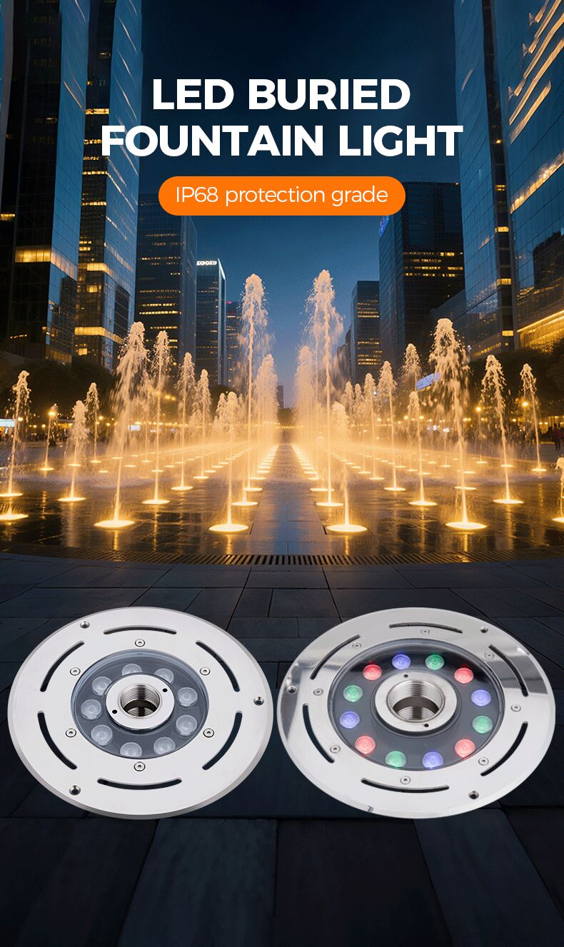LED buried fountain light with IP68 protection grade in front of a cityscape with fountains.