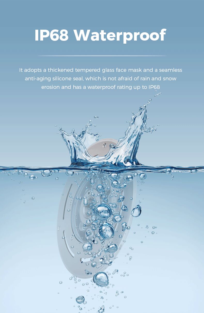 Product submerged in water with text about IP68 waterproof rating on a blue background
