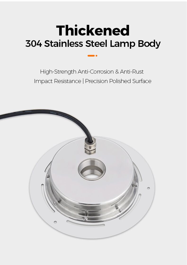Thickened 304 Stainless Steel Lamp Body on a white background with text highlighting features.