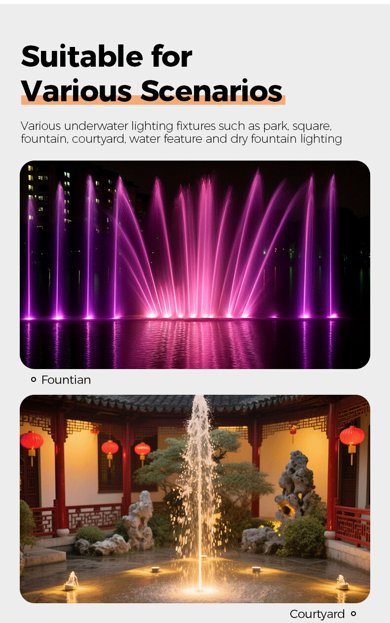 Underwater lighting fixtures used in park squares, fountains, and courtyards.