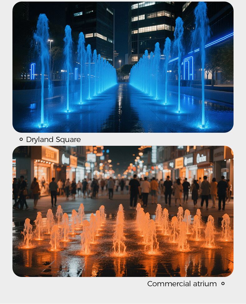 Fountains at Dryland Square and Commercial atrium with blue and orange lights.