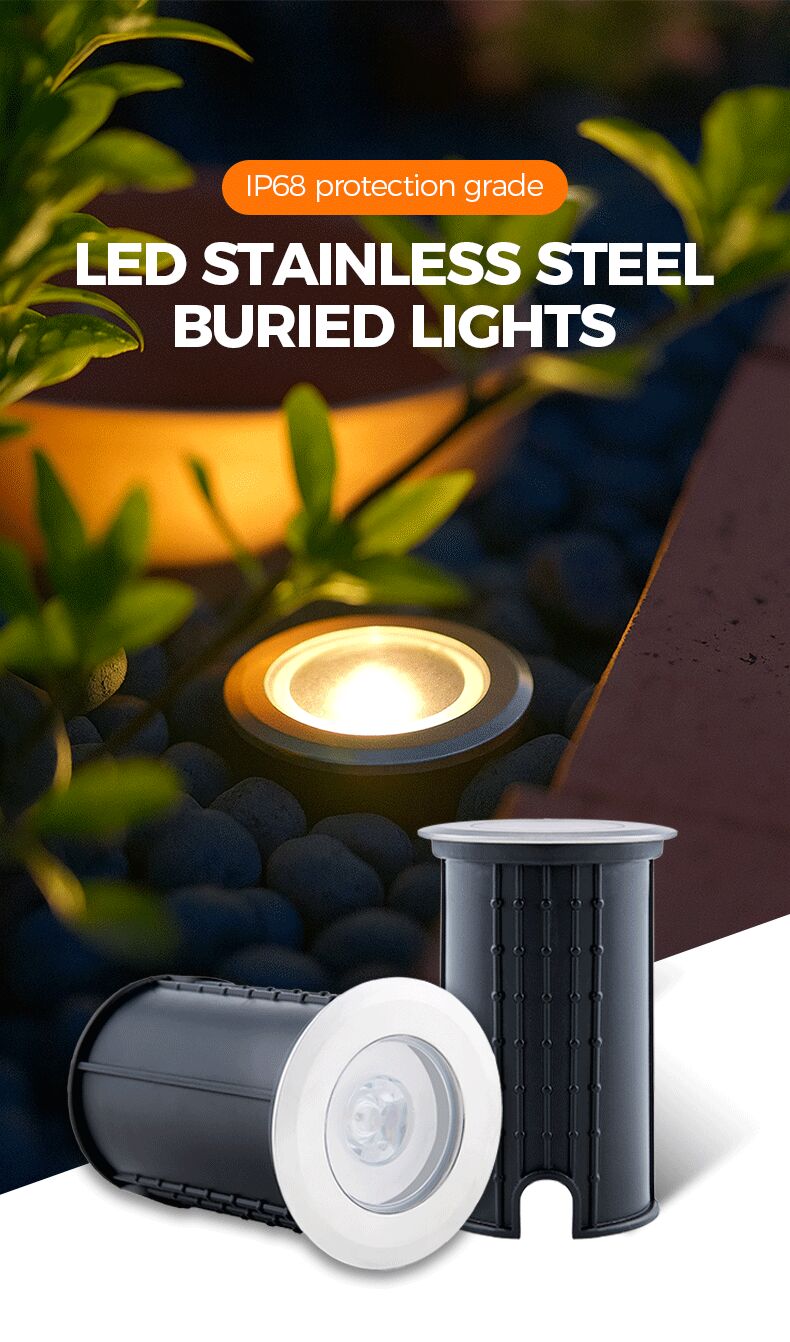 LED stainless steel buried lights with a P66 protection grade, shown outdoors.