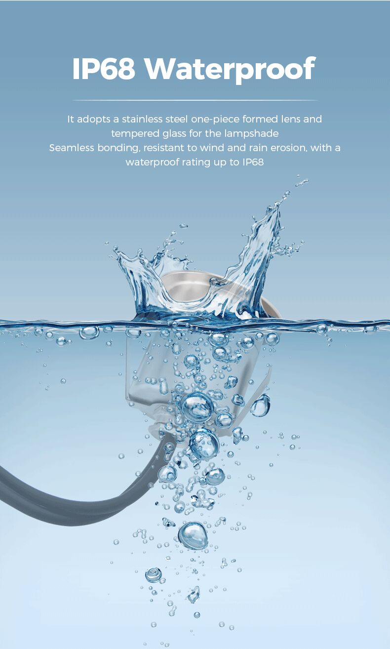 Lampshade with water droplets and text about IP68 waterproof rating on a blue background